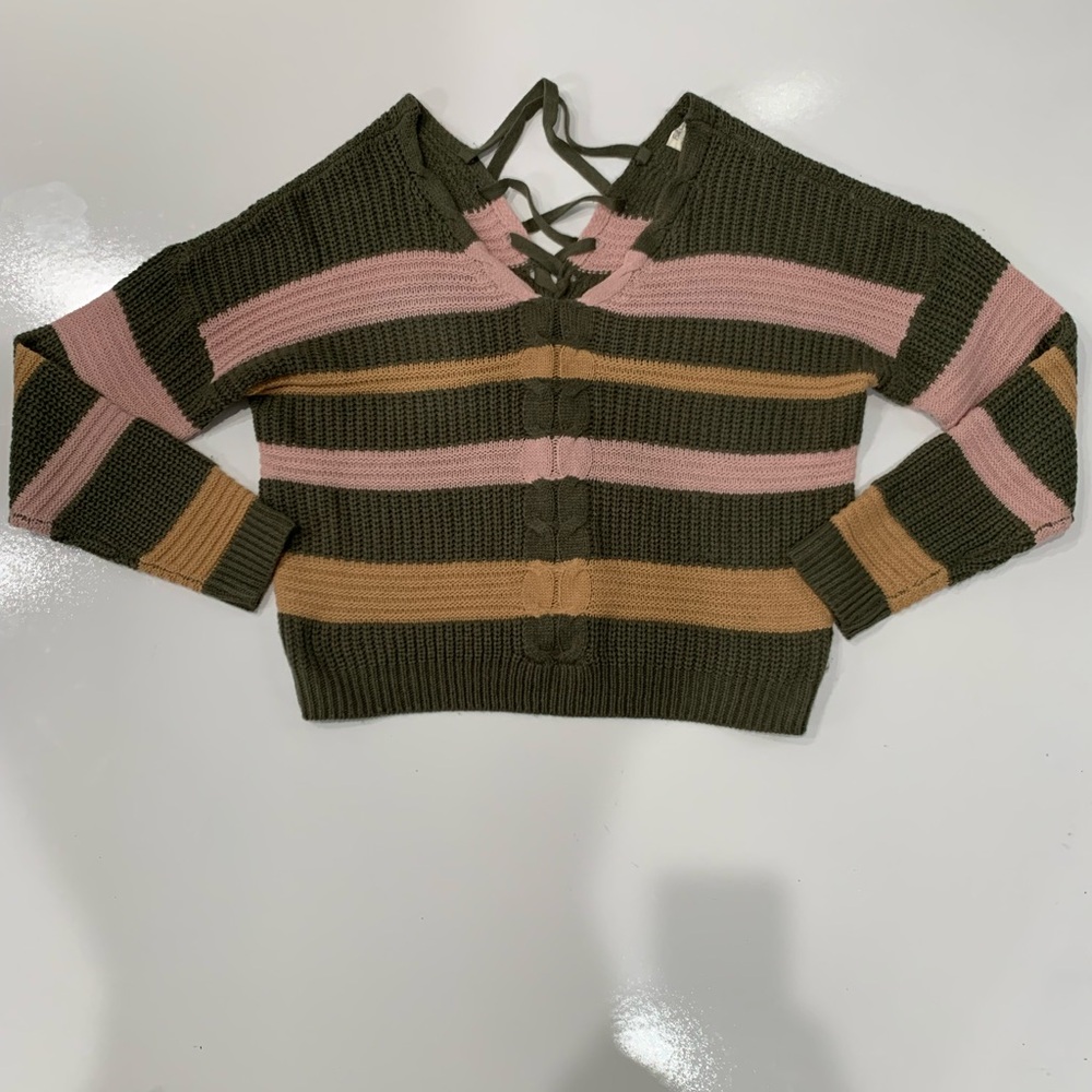 Striped Off-the-Shoulder Sweater - Pink, Green, Tan size L New